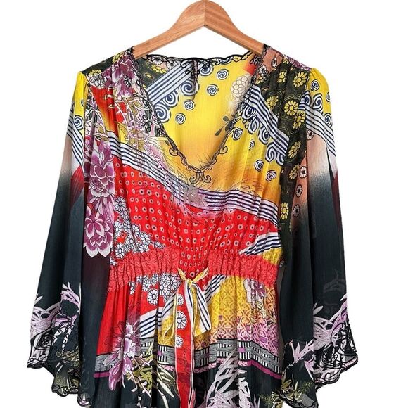 Sienna Rose Women L Sheer Tunic Floral Art Wear Bell Sleeve Coverup Boho Gothic - Picture 7 of 10